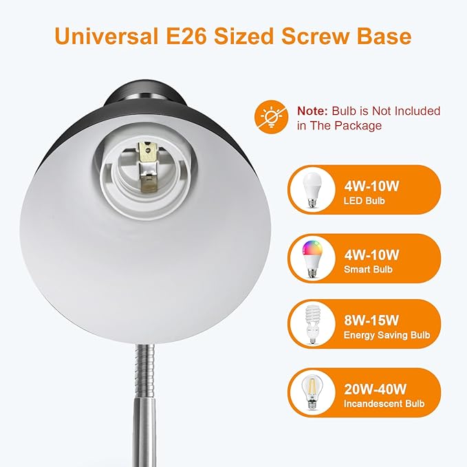 LEPOWER Metal Desk Lamp, Adjustable GooseNeck Reading Light for Bedroom | Compact & Sturdy, Space-Saving for Bedside & Dorm, E26 Table Lamp, Eye-Caring, Ideal for Study, Office, Back to School