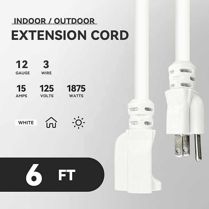 10 ft Heavy Duty Extension Cord - 12/3 SJTW 15 AMP Indoor Power Cord with 3 Prong Grounded Plug for Lawn Mower, Appliances, Workshop, Christmas Lights Water Resistant Flexible Cable White.
