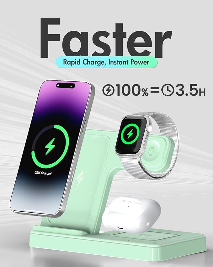 Wireless Charger Stand Charging Station: 3 in 1 Charger Multiple Devices for Apple iPhone 17 16e 16 15 14 Pro Max 13 12 11 for Watch 11 10 9 8 7 6 5 4 3 2 SE and Ultra & Airpods Series, Light Green
