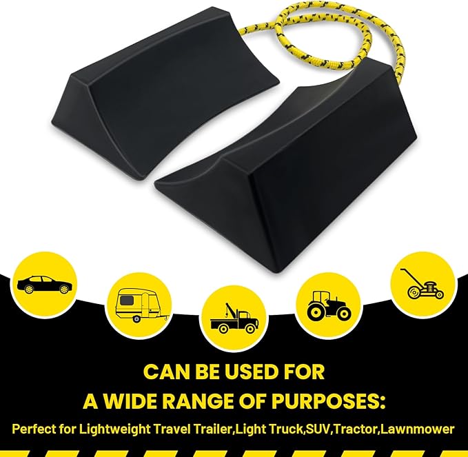 HOXWELL Dual Wheel Chocks, Light Non-Slip Wheel Stoppers with Nylon Rope Yellow Reflective Tape, Wheel Block for Lightweight Travel Trailer, Light Truck, Car, Tractor, Lawnmower 2 Pair, Black&Yellow