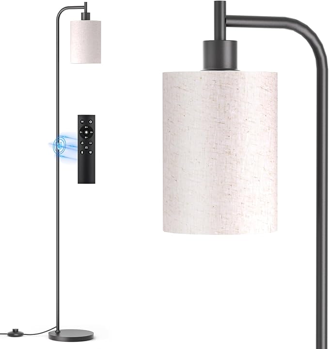 Floor Lamp with Linen Shade, Dimmable Tall Standing Lamp with Remote Control & 3 Color Temperatures, Modern Floor Lamps for Living Room Bedroom Office Corner, 9W LED Bulb Included