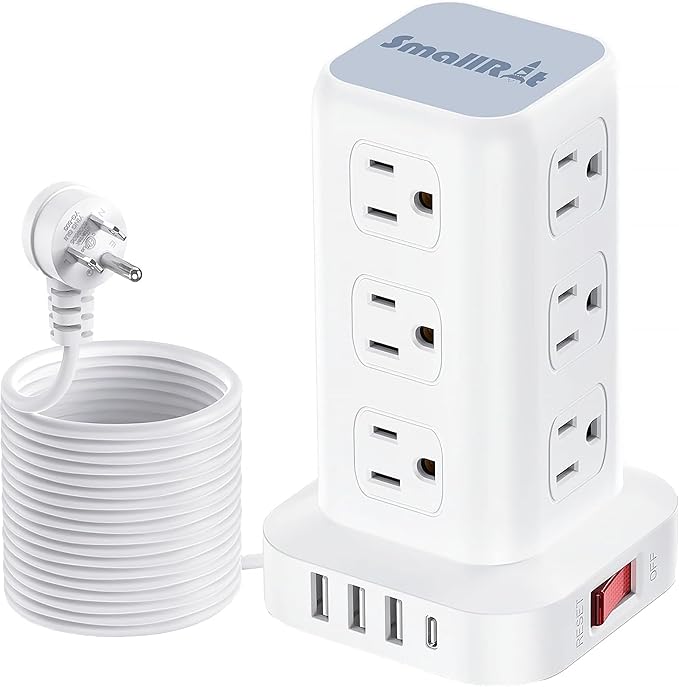 16.5FT Long Extension Cord,Power Strip Tower Surge Protector Power Strip with USB 12 Outlets with 4 USB Ports (1 USB C), Flat Plug Multi Plug Outlet Extender Overload Protection for Home Office