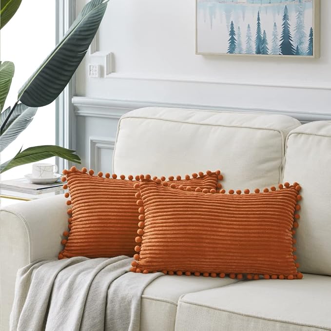Fancy Homi 2 Pack Rust Lumbar Decorative Throw Pillow Covers 12x20 Inch with Pom-poms for Living Room Couch Bedroom, Soft Corduroy Solid Rectangle Cushion Case 30x50 cm, Rustic Farmhouse Home Decor