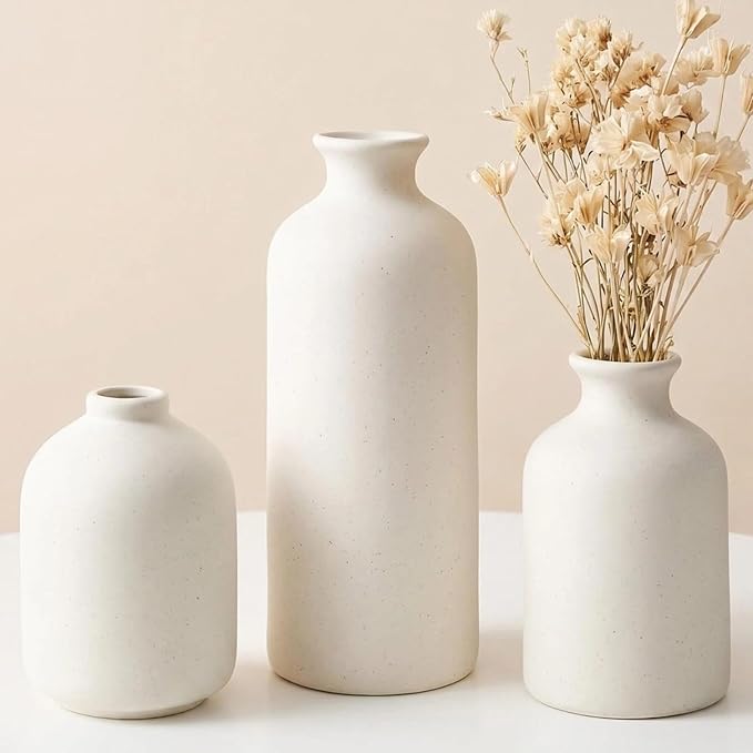 Small Ceramic Vase Set of 3,Modern Boho Farmhouse Flowers Vases | Decorative Vase for Dried Flowers,Pampas Grass,Home Decor,Shelf,Bathroom,Centerpiece for Entryway Table Distressed