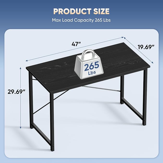 DUMOS 47 Inch Small Computer Desk, Gaming Desks for Home Office Bedroom | Modern Study Writing Work Table, Craft PC Desk Simple Workstation with Reinforcement Structure, Black