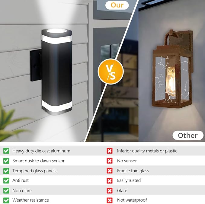 wowlite Dusk to Dawn Outdoor Wall Light 2 Pack, Modern Exterior Lights for House, Matte Black Outdoor Wall Sconce with E26 Base, Waterproof Outdoor Light Fixture Wall Mount Up and Down Lighting