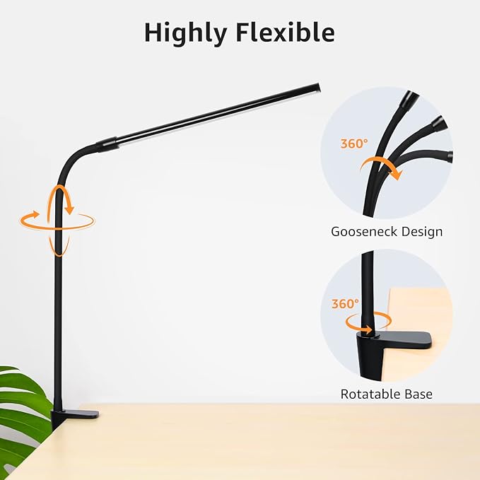 Lepro Clip on Desk Lamp, LED Reading Light with Clamp, 460LM 5W, Black | 3 Color Modes 10 Brightness, Dimmable, USB Small Desk Light with Gooseneck Swing Arm for Nail, Home Office and Dorm