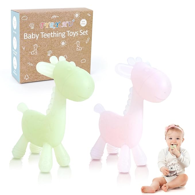 TYRY.HU Baby Teething Toys for Babies 0-6 6-12 Months,BPA Free Silicone Giraffe Teethers Toys, Soft-Textured Chew Toys, Montessori Sensory Toys for Boys Girls Teething Relief, 2 Pack