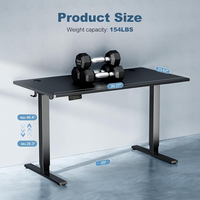 DUMOS 40 Inch Electric Standing Desk, Memory Adjustable Home Office Desk | Sit Stand Up Desk for Work Home Office,Adjustable Desk, Rising Computer Table with Splice Board,Cable Management,Hook,Black