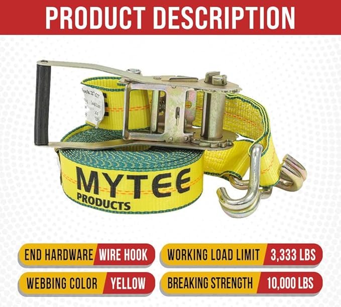 Mytee Products Ratchet Tie-Down Straps with Wire Hook, 2" x 27' Ratchet Strap | 10,000 Lbs Breaking Strength | Heavy Duty TieDown Ratchet Straps for Flatbed, Truck, Trailers Pickup (10 - Pack)