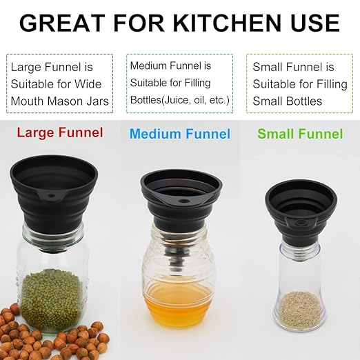 3 Sizes of Kitchen Funnel Set, Food Grade Funnels for Filling Bottles, Premium Silicone Collapsible Funnel for Transferring Liquid, Powder Transfer, Large Wide Mouth Canning Funnel, Small Funnel, HPWT