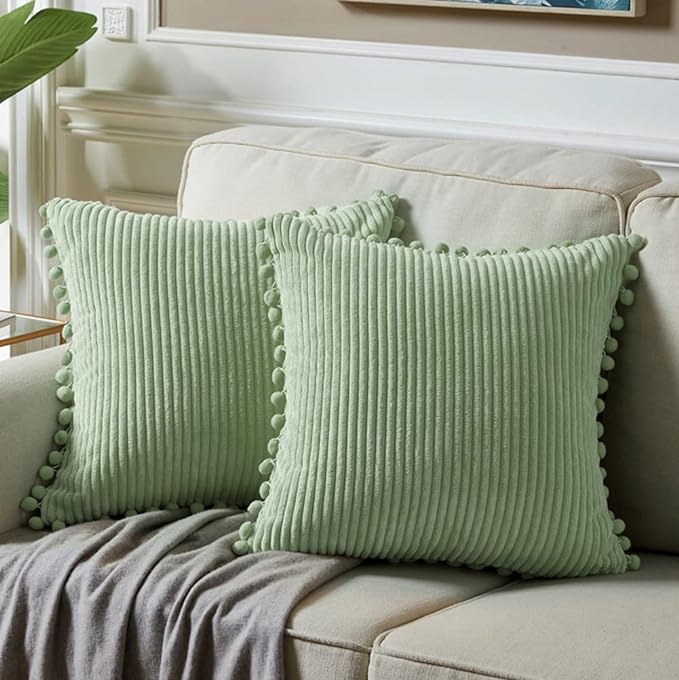Fancy Homi Pack of 2 Sage Green Decorative Throw Pillow Covers with Pom-poms, Soft Corduroy Solid Square Cushion Cases Set for Couch Sofa Bedroom Car Living Room (18x18 Inch/45x45 cm, Sage Green)