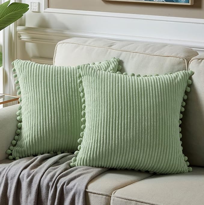 Fancy Homi Pack of 2 Sage Green Euro Decorative Throw Pillow Covers 26x26 Inch with Pom-poms, Soft Corduroy Solid Square Cushion Case for Couch Sofa Bedroom Car Living Room 66x66 cm