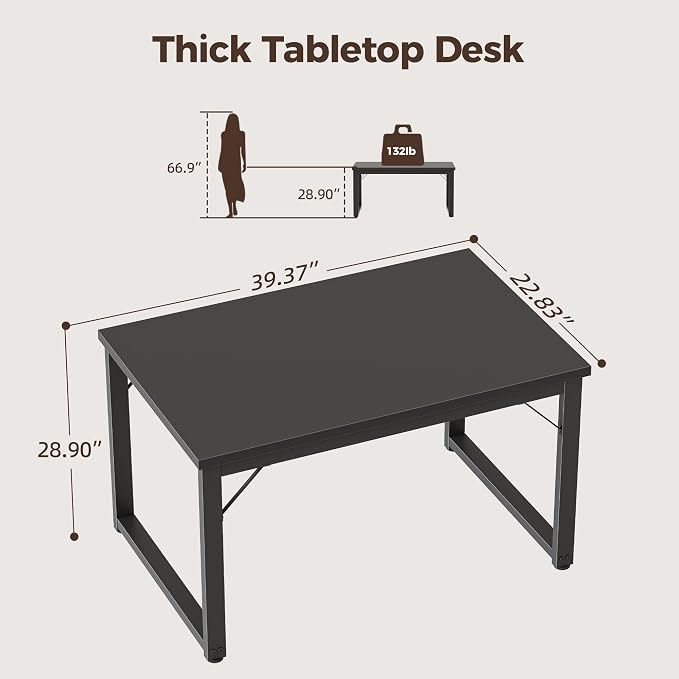 Mericonia 40 Inch Computer Desk, 1" Thick Small Office Table, Black | Modern Simple Style, Heavy Duty Industrial Frame, Small Study & Writing Table for Home Bedroom Work