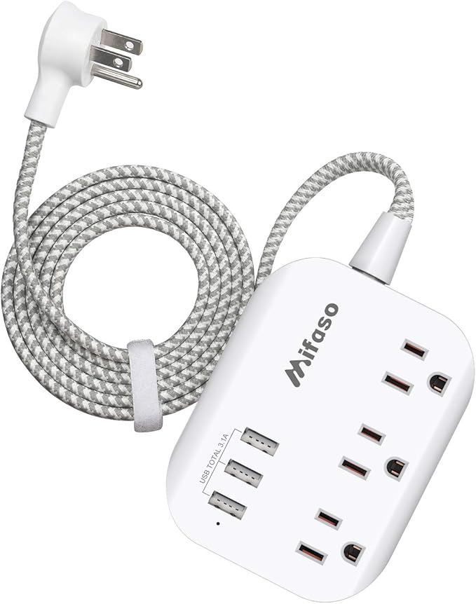 Mifaso USB Power Strip, Flat Plug Power Strip Extension Cord with 3 Outlets 3 USB Ports(Smart 3.1A), 3ft Braided Power Cord, ETL Listed Compact for Cruise Ship, Travel, Home, Office