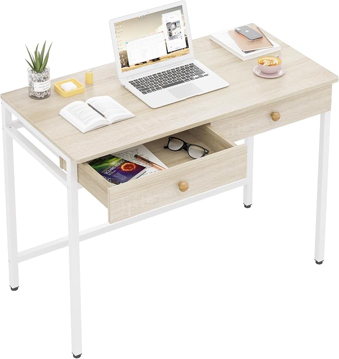 Weehom Computer Desk with Drawers, Home Office Workstation, Beige | Sturdy and spacious workstation for writing, studying and gaming, Suitable for PC and laptop use