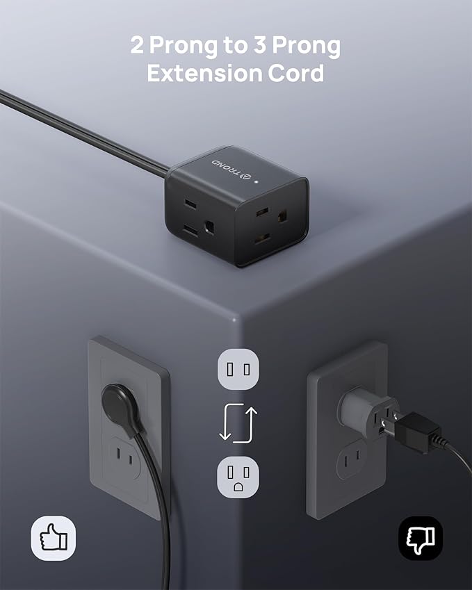 TROND Indoor 2 Prong to 3 Prong Extension Cord 6ft - Polarized Flat Plug for Behind Furniture, Small 3 Way Outlet Extender for Non-Grounded Socket in Old House Home Office Kitchen Travel, Black