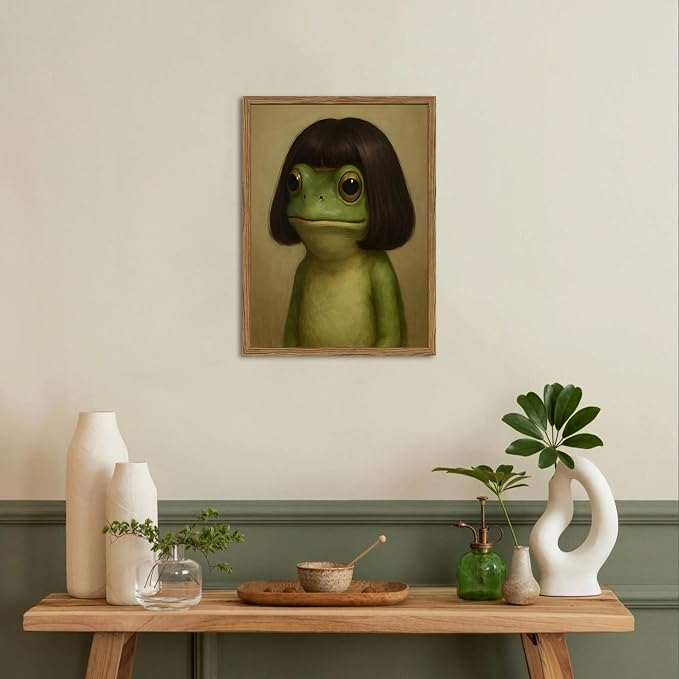 Funny Frog Wall Art, Whimsical Green Frog Wall Decor Painting Cute Animal Poster Canvas Prints Artwork for Living Room Bedroom Bathroom 16x24 inch Wood Framed