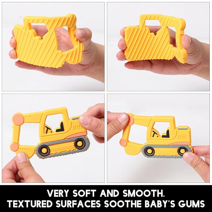 Baby Food Grade Silicone Carrier Vehicle Teether Toy with Pacifier Clip Holder,Teething Toys Gift Set for 3 Months+ Boys and Girls,Freezer Safe,BPA Free. (Excavator)