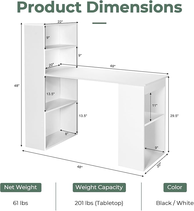 GRAFFY Computer Desk with 6 Storage Shelves - 48" Reversible Writing Desk Workstation with Bookshelf and CPU Stand, Modern Compact Office Desk for Bedroom, Study, Home, Office (White)