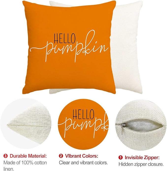 RABUSOFA Fall Pillow Covers 16x16 Inch,Autumn Hello Pumpkin Pillows Decorative Throw Pillows,Outdoor Thanksgiving Cushion Cover Farmhosue Fall Decor for Bedroom Couch Sofa