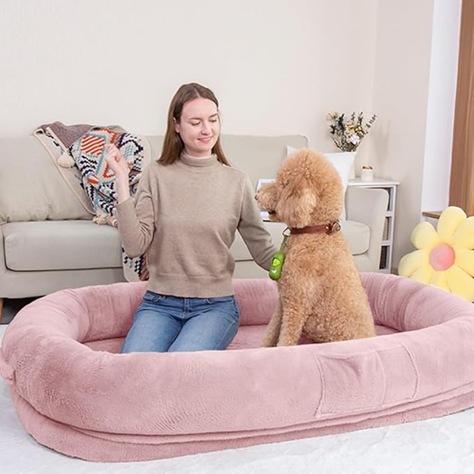 Ultra-Soft Human Size Dog Bed for People and Pets; 77”x51”x11” Extra Large Dog Bed with Raised Cushioned Rim, Removable Cover, Waterproof Lining and Bonus Blanket (77"x51"x11", Pink)