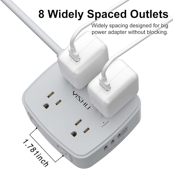 10 Ft Surge Protector Power Strip - 8 Widely Outlets with 4 USB Ports, 3 Side Outlet Extender with 10 Feet Extension Cord, Flat Plug, Wall Mount, Desk USB Charging Station, ETL, Grey