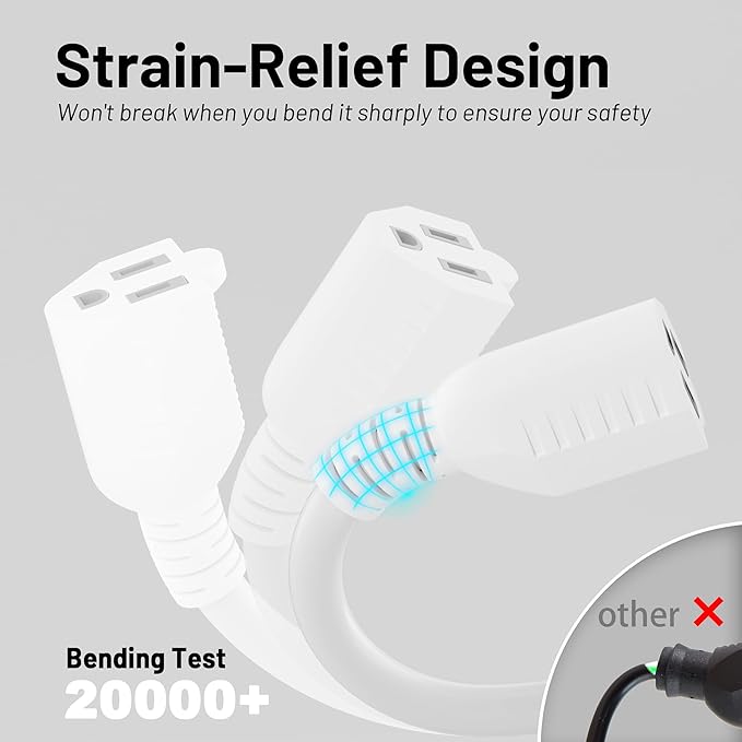 16/3 White Indoor Outdoor Extension Cord 20 Ft Waterproof, Extension Cord with 3 Prong Grounded Plug,13A 1625W 16AWG SJTW, Flexible Weatherproof Power Cable