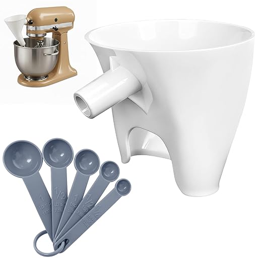 Flour Funnel for KitchenAid Mixer with 5-Piece Measuring Spoon Set, Wide Mouth Pouring Chute Attachment, Mess-Free Anti-Spill & Anti-Splash,Fits Tilt-Head 4.5-5 Qt (KSM150),Dishwasher Safe Baking Tool