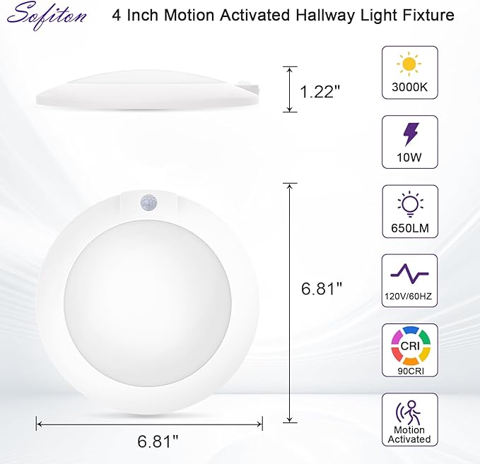 4 Inch Motion Sensor Ceiling Light, 10W 650LM, 60s Timeout, 120V LED Disk Lights, CRI90+, ETL Certified, Non-dimmable, Wet Location - Closets, Hallway, Entryway, Stairs, 1 Pack