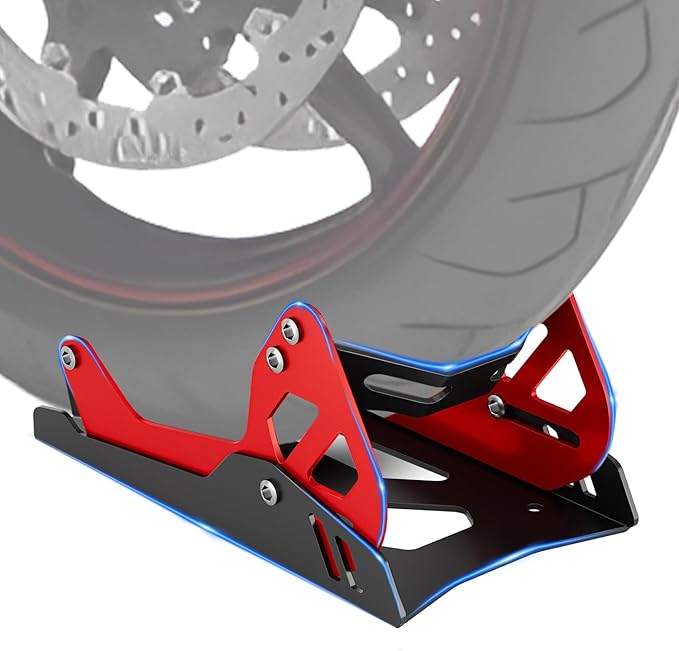 Heavy-Duty Steel Motorcycle Wheel Chock for Trailer Mount | Anti-Rust Black/Red Design | Universal Front Wheel Chock Stand for Dirt Bikes & Motorcycles | Compact & Portable (5.3”H x 10.8”L x 6.1”W)