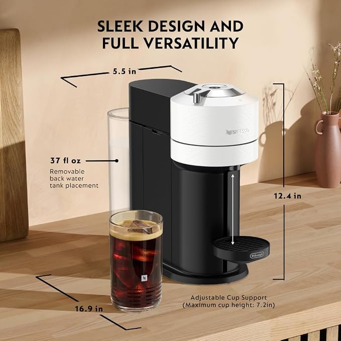 Nespresso Vertuo Next Coffee Machine with Milk Frother, White | Coffee and espresso maker by De'Longhi with slim design. Aeroccino3 frother bundle for hot or cold foam drinks at home.