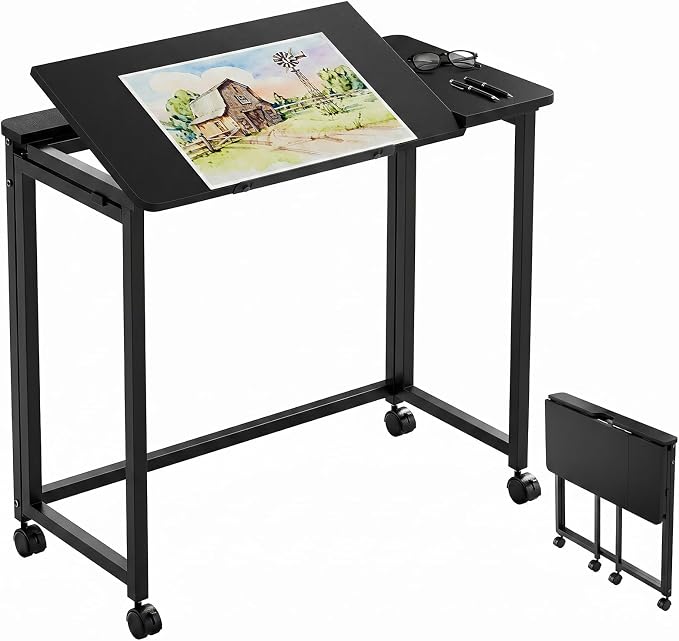 GreenForest Portable Folding Desk with Wheels, 31.5 inch Adjustable Tilt | Drafting Table Workstation for Small Spaces, Home Office, Drawing & Craft Projects，Black