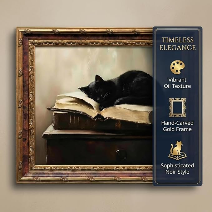Vintage Moody Gothic Black Cat Wall Art, Dark Academia Cat Canvas Print, | Sleeping Cat on Antique Books Painting Poster, Literary Picture Wall Decor for Living Room Bedroom Office 8x10 In