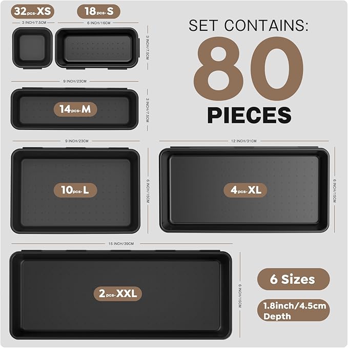 【 & 80PCS】A-LUGEI Tool Box Organizer【Fits 100+ Tools】 Black Garage Organization and Storage Tray Divider Set, Desk Drawer Organizer, Toolbox for Rolling Tool Chest Cart WorkBench Small Part