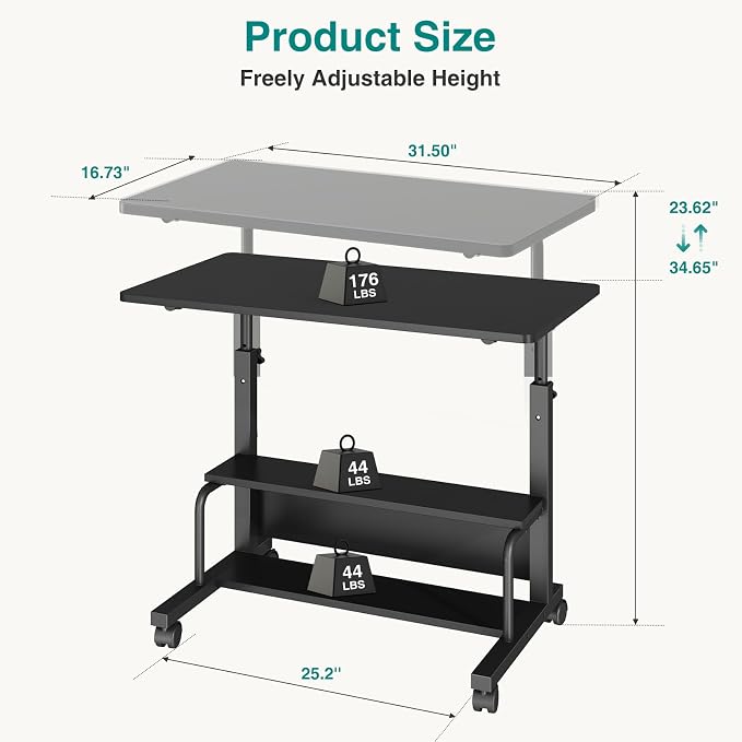 OLIXIS Rolling Desk, Storage Shelves, Laptop Table, Home Office | Height Adjustable Design, Computer Desks on Wheels, Portable for Small Spaces Use, Black