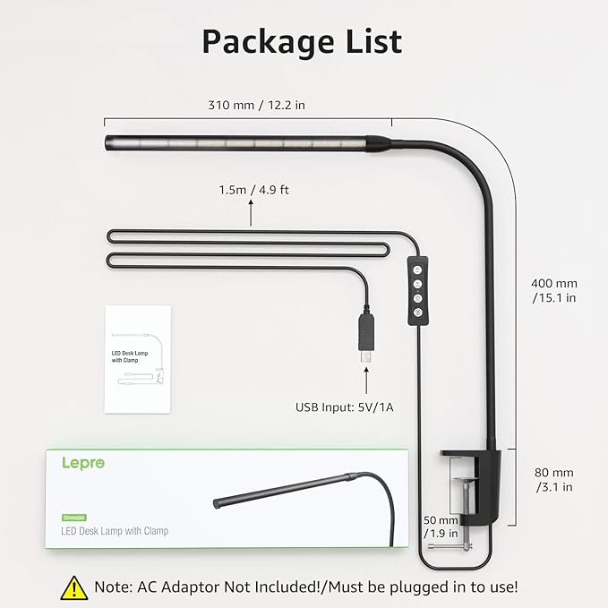Lepro Clip on Desk Lamp, LED Reading Light with Clamp, 460LM 5W, Black | 3 Color Modes 10 Brightness, Dimmable, USB Small Desk Light with Gooseneck Swing Arm for Nail, Home Office and Dorm