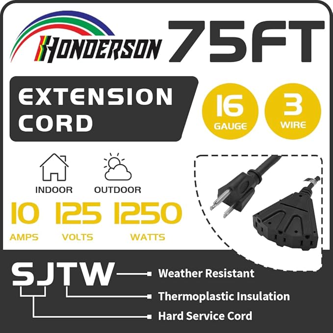 3-Outlets Indoor Outdoor Extension Cord Weatherproof, UL Certified, 16 Gauge 75FT Black 3 Prong Heavy Duty, 16/3 SJTW 10A Power Cord