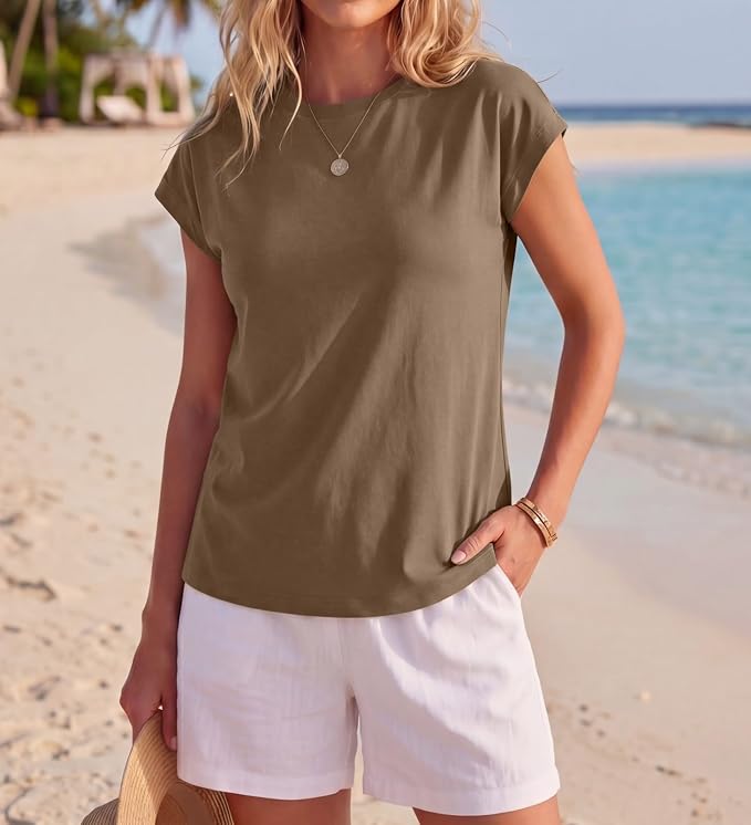 GRECERELLE Womens Summer Tops Cap Sleeve Crew Neck Basic T-Shirt | Everyday Casual Wear, Layering Friendly, Wrinkle-Resistant, Business Casual Ready, Lightweight & Packable, Capsule Wardrobe