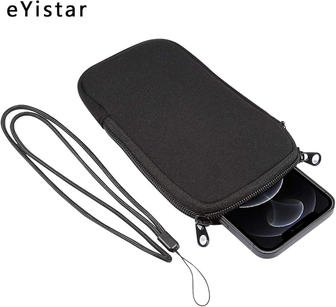 Neoprene Shock Absorbing Proof Pouch Large Cell Phone Sleeve Case Cover w Zipper/Neck Strap for iPhone 14 Plus Samsung Galaxy Note20 Ultra S22 Ultra A13 A03 A23 Moto G Power 2022 LG Stylo 6 (Black)