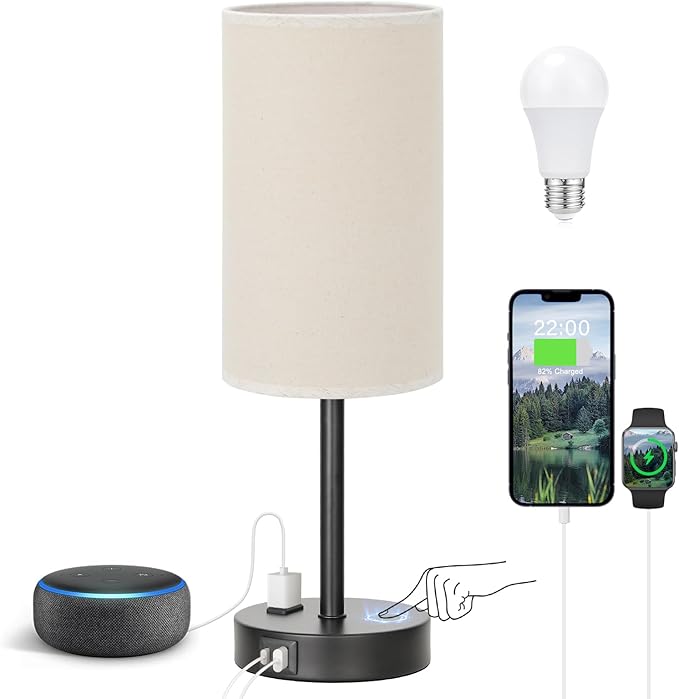 Fenmzee Touch Table Lamp - Beige, 3-Way Dimmable, USB A + C Charging, AC Outlet, 17.4inch Medium, Black Metal Base