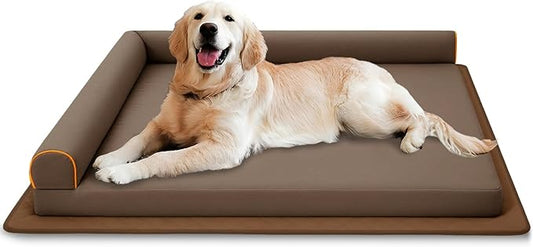 Big Dog Bed Orthopedic Memory Foam Dog Couch Waterproof with Anti-Slip Mat Washable Pet Beds Chew Proof (Brown)