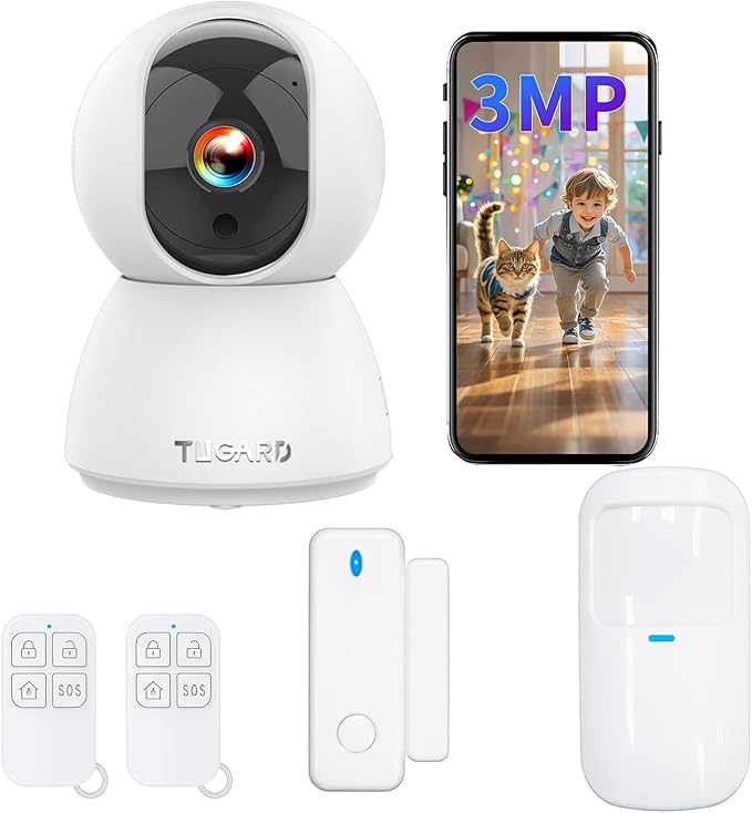 Indoor Security Camera, 1080p HD Dog-Camera, 2.4GHz WiFi Smart Home Security System, with Phone APP Alert, 5pcs Kit (Alarm Camera, Motion/Door Window Sensor, Remote) for Pet/Kid/Home