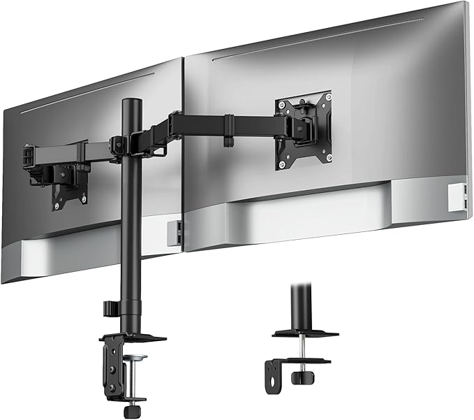 monTEK Heavy-Duty Dual Monitor Stand for 17-32", 22 lbs Each | Adjustable dual monitor mount, full-motion arms, clamp/grommet bases, cable management and VESA 75/100