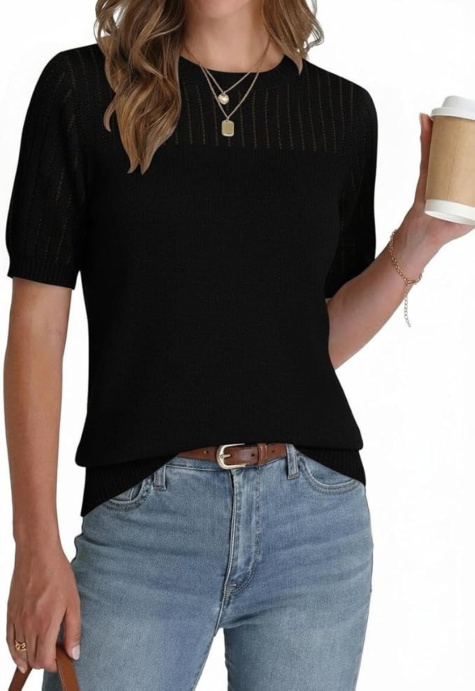 Zeagoo Women's Short Sleeve Sweater Tops 2026 Spring Summer Crew Neck Hollow Out Blouses Dressy Business Casual Outfits