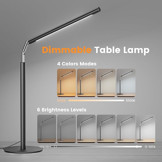 Metal LED Desk Lamp for Home Office - Foldable Industrial Desk Light with Base, 16" Dimmable Table Lamp for Reading, 4 Color Temps, 15W Modern Desktop Lamp for College Dorm Study Task Work