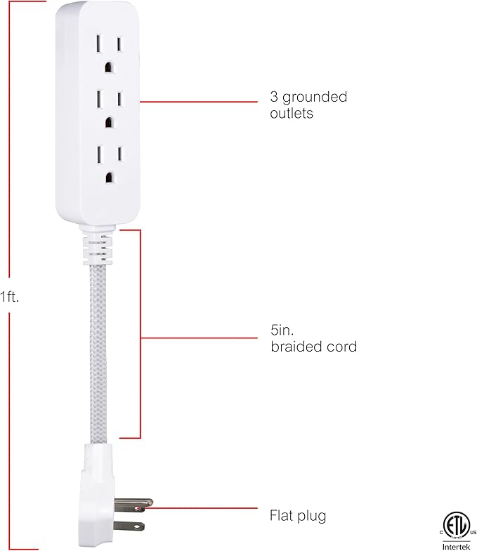 GE 3-Outlet Power Strip 5 Inch Braided Extension Cord with Multiple Outlets Grounded Flat Plug ETL Listed White 45190