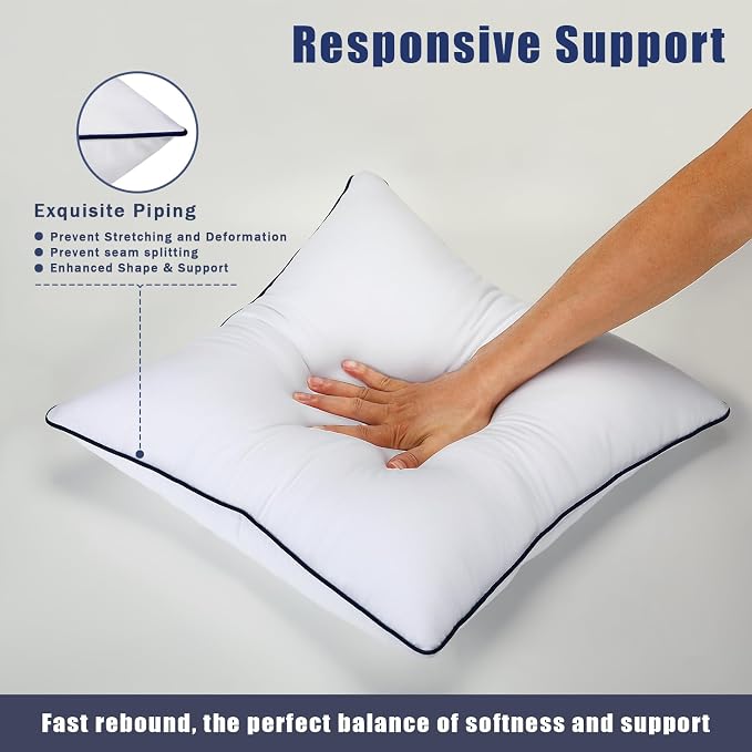 Throw Pillow Inserts Set of 2-Fluffy Square Cushions with 100% Cotton Covers-Decorative White Pillow Fillers for Sofa, Bed, Couch, Living Room, Indoor Hotel Pillows (16x16 Inch (Pack of 2)-Blue Edge)
