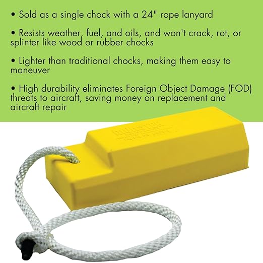 Checkers 15" Airplane Chocks, Aviation Wheel Chocks for Small to Mid-Sized Aircraft, One Tire Chock for Polished Hangar Floors with Rope Lanyard, Durable Lightweight Urethane, Yellow, AC3515-RP-S