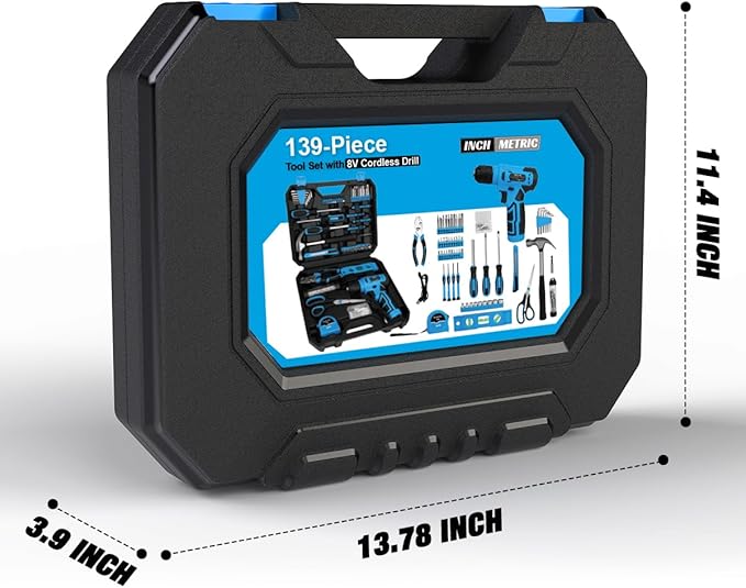 139-Piece Tool Set - Tool Kit with 8V Cordless Drill Driver in ToolBox Storage Case, General Household Drill Set for Home Repairs, Handyman, DIY Projects